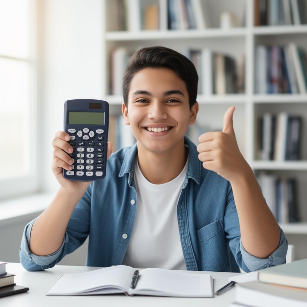 Happy student recommending the best scientific calculator for math class