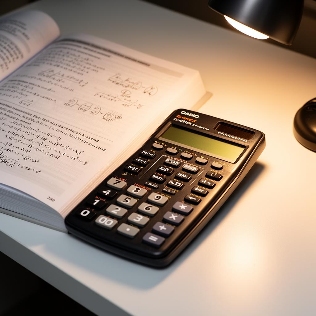 Casio scientific calculator fx-991EX on a desk with math textbook and notes