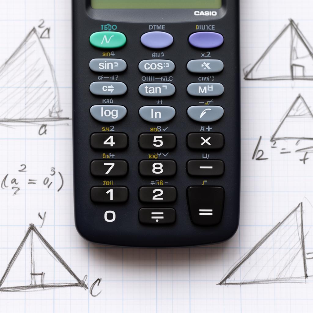 Close-up of Casio scientific calculator keypad showing trig and log function buttons