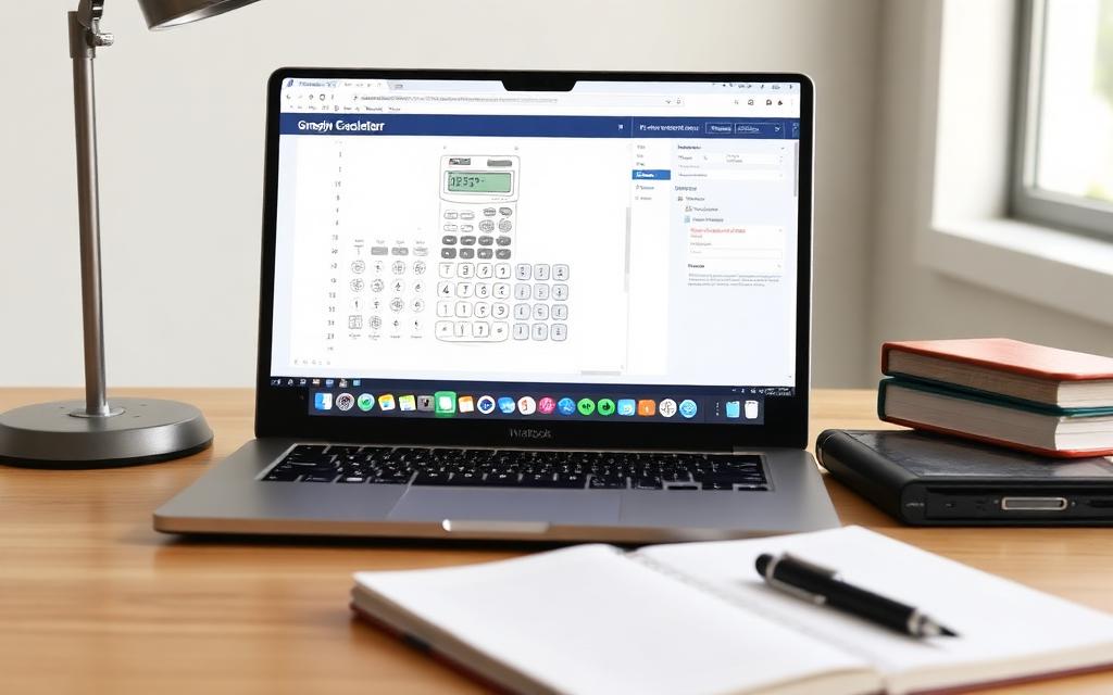 Desmos scientific calculator open on a laptop next to a student's notebook