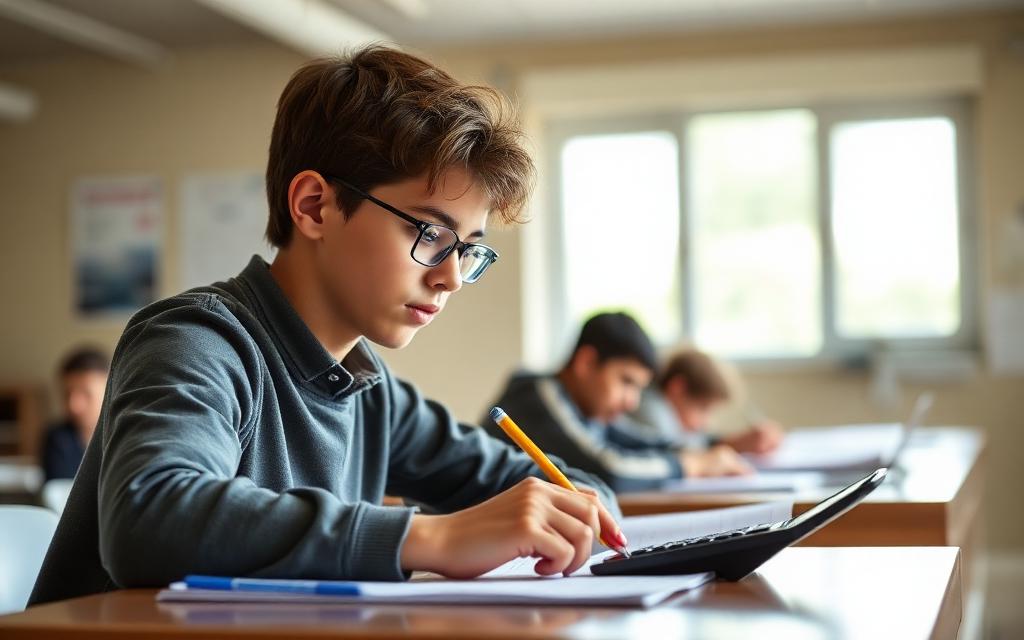 Student focused at desk during an exam with calculator