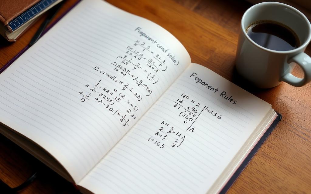 Notebook with handwritten exponent rules