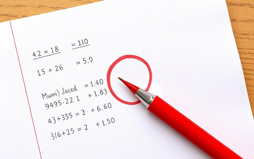 Red pen circling math errors on homework