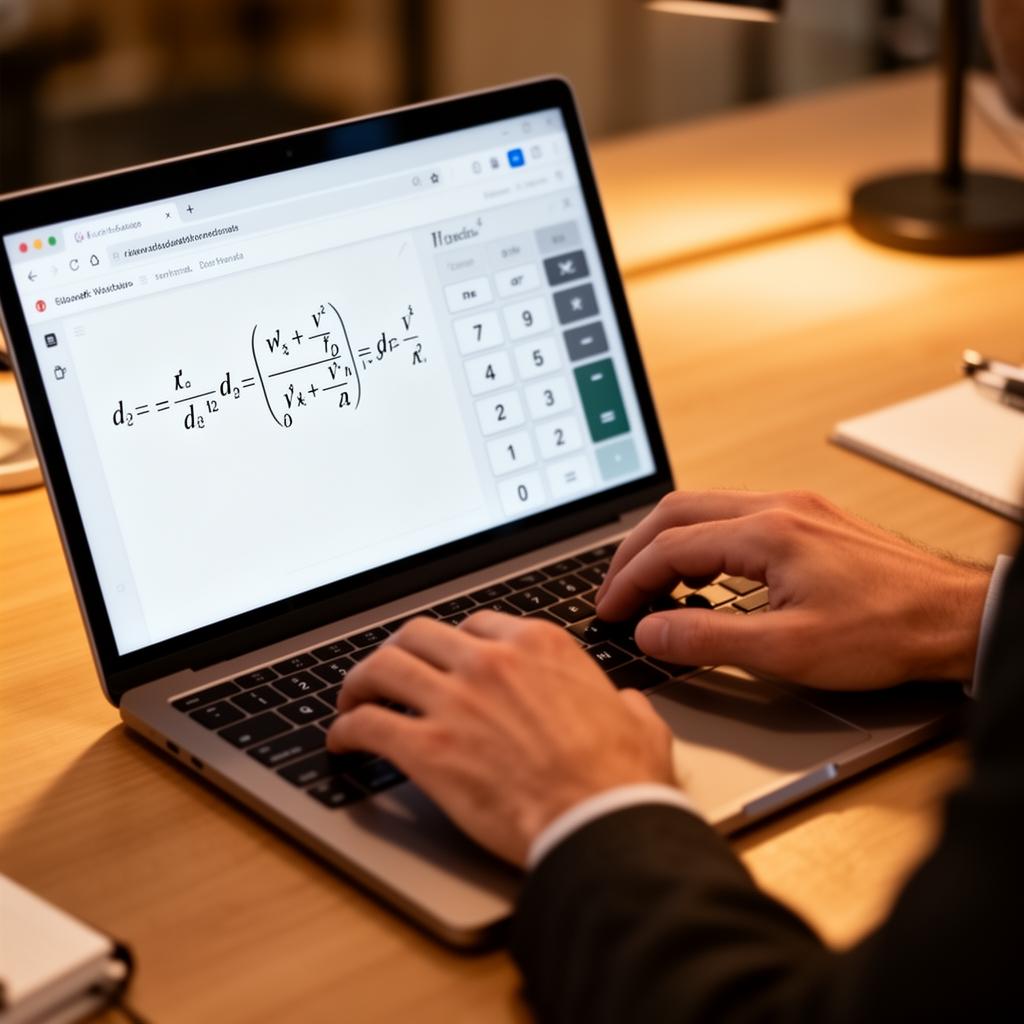 Close-up of hands typing on a laptop showing an online scientific calculator interface