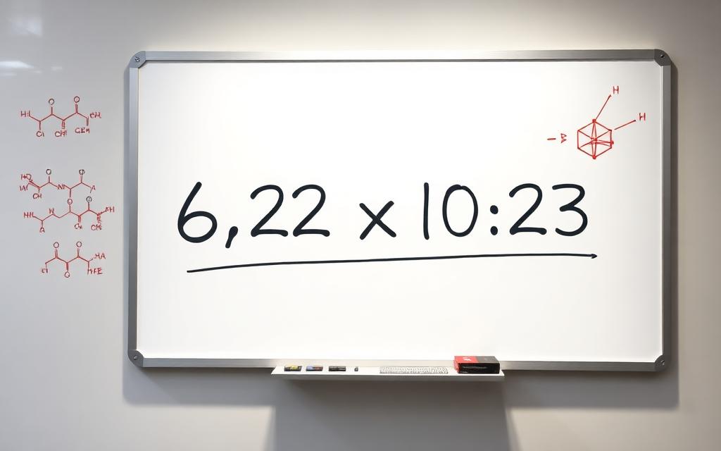 Scientific notation on a whiteboard with chemistry diagrams